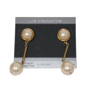 Liz Claiborne Gold Tone Faux Pearl Dangle Earrings